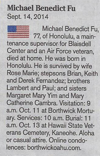 Obituary of Michael Benedict Fu